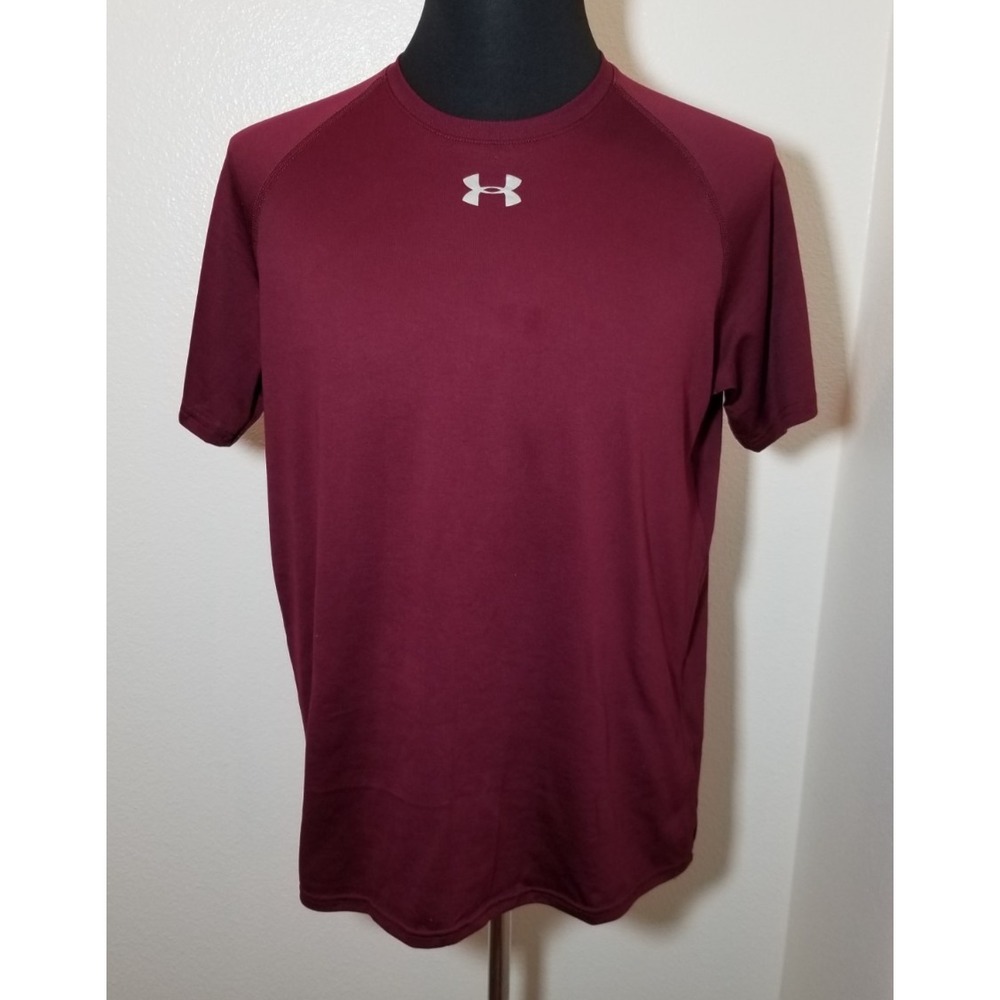Under Armour Mens M Burgundy Short Sleeve Shirt Heat Gear Gym Crossfit Training